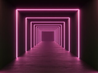 Fototapeta premium Illuminated corridor with diminishing pink neon rectangles receding into darkness