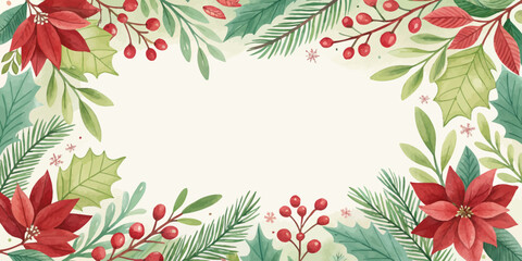 Vector christmas watercolor christmas frame with poinsettias holly berries and pine branches festive holiday decoration