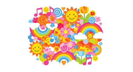 Naklejka premium Cheerful Cartoon Compositions of Flowers, Rainbows, Smiling Suns and Musical Notes Delightful Design Illustration