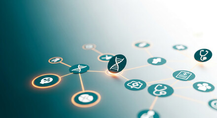 Network of connected health icons on a green background. It represents medicine, research, genetics, and the concept of modern healthcare network.