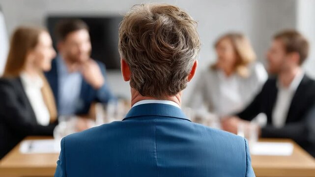 Business Meeting Dynamics: A seasoned leader, viewed from behind, commands attention in a collaborative business meeting, set within a modern, professional office environment.