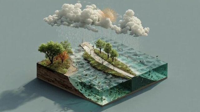 A miniature isometric diorama of a landscape with a coastal road and trees under a raining cloud.