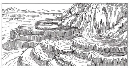 Mammoth Hot Springs Terraces in Yellowstone National Park, a natural wonder with flowing thermal waters and travertine formations.