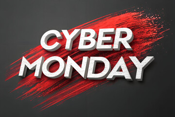 Cyber Monday graphic with bold white 3D text over red paintbrush stroke on dark background, highlighting online shopping promotions. generative ai