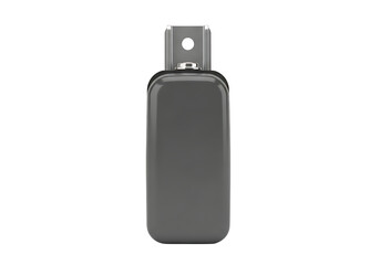 Minimalist gray rectangular gadget with metallic lanyard hook isolated on transparent background