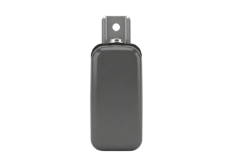 Minimalist gray rectangular gadget with metallic lanyard hook isolated on transparent background