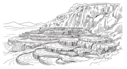 Mammoth Hot Springs Terraces Yellowstone National Park Line Art.
