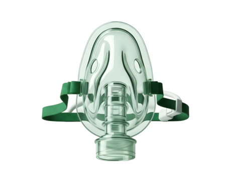 Medical oxygen mask with green straps isolated on transparent background