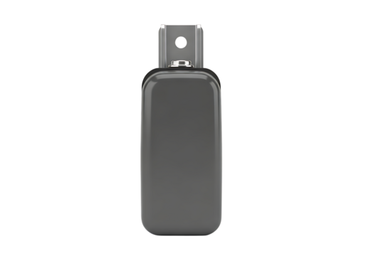 Minimalist gray rectangular gadget with metallic lanyard hook isolated on transparent background