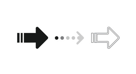 Right arrow icon set showing direction, progress, and navigation on white Vector