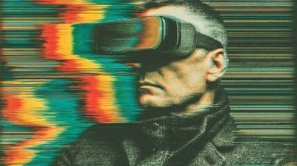 Man experiencing virtual reality with glitch effect, exploring digital world and metaverse.