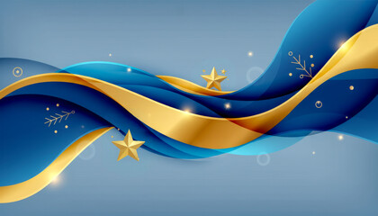 Elegant Blue and Gold Flowing Waves with Stars Christmas Holiday Background.