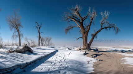 A serene winter desert landscape with barren trees and a clear path of footprints in the snow, leading towards distant mountains under a vast blue sky, evoking feelings of isolation and tranquil