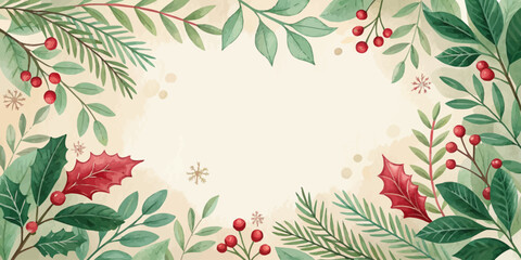 Vector christmas watercolor christmas frame with leaves, branches, holly and berries on a light background design element