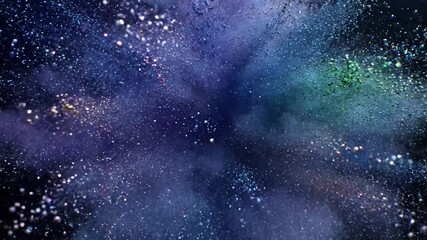 Macro view of an intricate, organic inspired burst, resembling a cosmic nebula or a deep sea bioluminescent event, with glowing tendrils. Close up, emphasizing the texture and individual particle? - Powered by Adobe