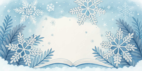 Vector christmas watercolor winter scene with snowflakes ferns and an open book in the foreground center