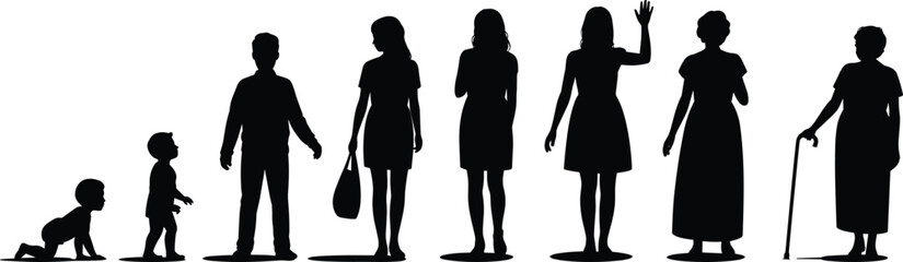Human life cycle silhouettes, stages of aging from baby to elderly woman, female growth development, generation progression, vector illustration concept