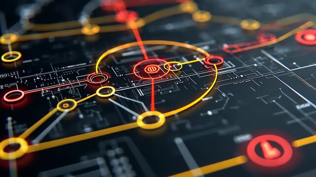 Abstract digital circuit design with colorful lines and nodes representing data flow and connectivity