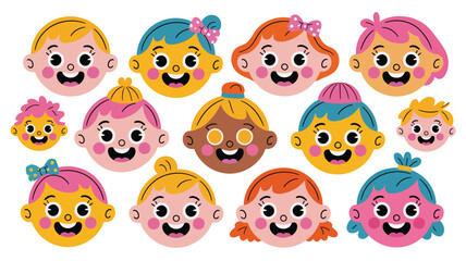 Fototapeta premium Diverse Group of Smiling Children Cartoon Faces Illustration on White Background
