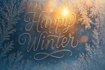 Frosted Window 'Happy Winter' Typography with Golden Sunlight Bokeh
