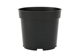 Single black plastic plant pot for gardening and horticulture isolated on transparent background