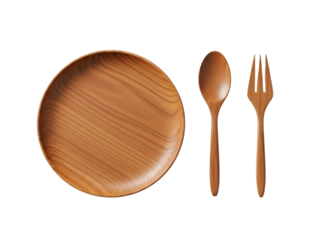 Wooden plate and cutlery set isolated on transparent background