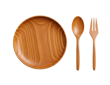 Wooden plate and cutlery set isolated on transparent background