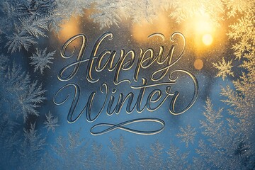 Frosted Window 'Happy Winter' Typography with Golden Sunlight Bokeh