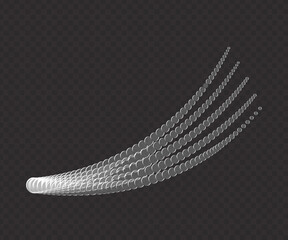 Abstract trail of white glowing particle flow moving in an arc