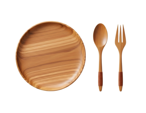 Wooden plate and cutlery set isolated on transparent background - Powered by Adobe