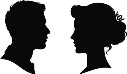Silhouette of man and woman face profiles facing each other, male and female heads side view, isolated on white