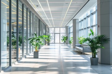 Modern hallway with plants and natural light