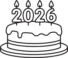 Outline illustration of 2026 celebration cake with burning candles