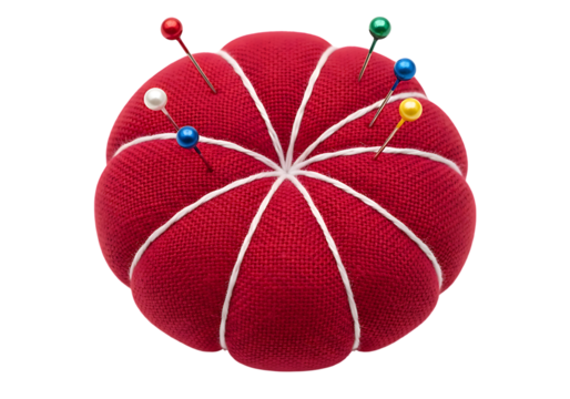 Red sewing pincushion with multiple colorful pins for tailoring isolated on transparent background