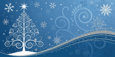 Vector christmas stylized christmas tree with star and snowflakes on a blue background with decorative swirls and waves