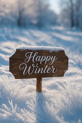 Wooden Signpost with 'Happy Winter' Script Text in Sparkling Snowy Landscape