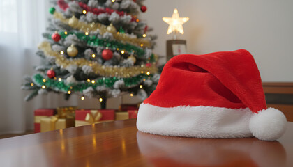 Fototapeta premium A fluffy Christmas Santa Claus hat resting on a modern living room table, positioned near a beautifully decorated Christmas tree