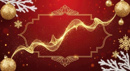 A festive red and gold Christmas background with snowflakes and ornaments.