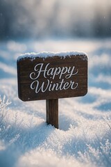Wooden Signpost with 'Happy Winter' Script Text in Sparkling Snowy Landscape