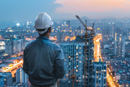 Adult man in hard hat looking at city skyline during twilight - Powered by Adobe