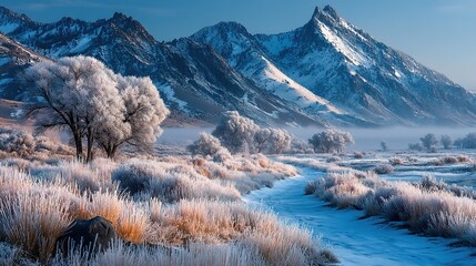 A breathtaking winter desert valley scene with frost-covered trees, a frozen meandering stream, and majestic snow-capped mountains under a soft cloudy sky, capturing the silent beauty