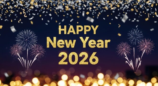 A festive night sky with fireworks and confetti, celebrating the New Year 2026. - Powered by Adobe