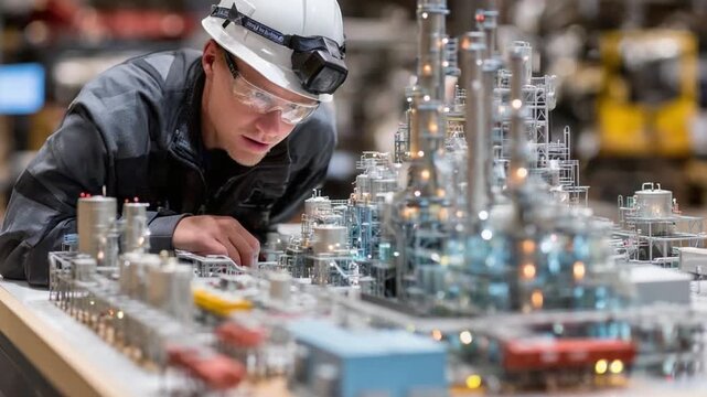 Analyzing the blueprint: An engineer examines a detailed model of an industrial facility, embodying precision and expertise within the industrial sector.