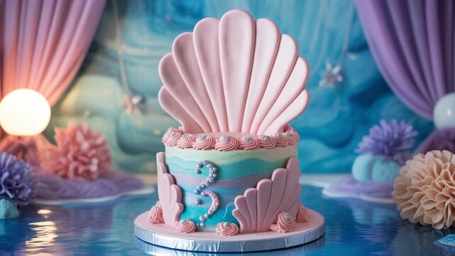 Dreamy mermaid cake with pink shell and pearls in underwater fantasy