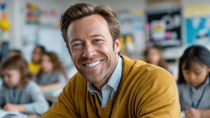 Bright Smile, Bright Future: A teacher radiates warmth and expertise, smiling brightly in a classroom setting, embodying dedication and the transformative power of education.