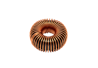 Copper coil toroidal inductor for various electronic devices isolated on transparent background