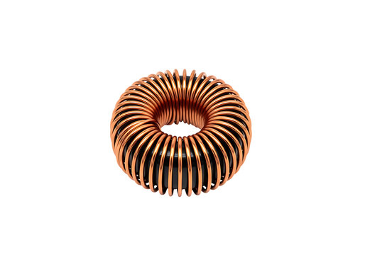 Copper coil toroidal inductor for various electronic devices isolated on transparent background