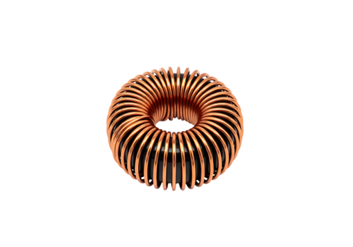 Copper coil toroidal inductor for various electronic devices isolated on transparent background