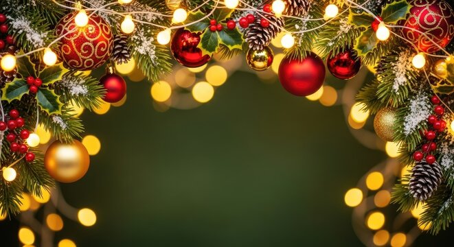 Christmas tree branches adorned with red and gold ornaments and holly leaves, with twinkling fairy lights in the background. - Powered by Adobe