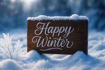 Wooden Signpost with 'Happy Winter' Script Text in Sparkling Snowy Landscape